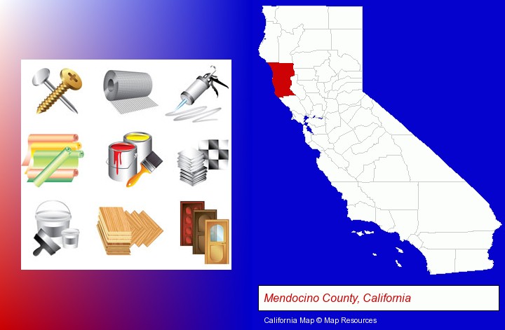 representative building materials; Mendocino County, California highlighted in red on a map