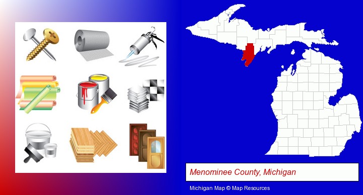 representative building materials; Menominee County, Michigan highlighted in red on a map