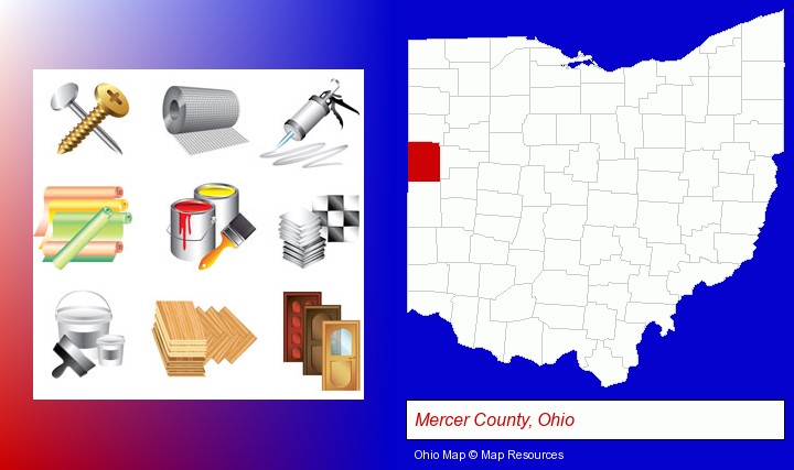 representative building materials; Mercer County, Ohio highlighted in red on a map