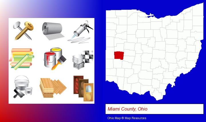 representative building materials; Miami County, Ohio highlighted in red on a map