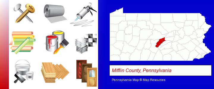 representative building materials; Mifflin County, Pennsylvania highlighted in red on a map