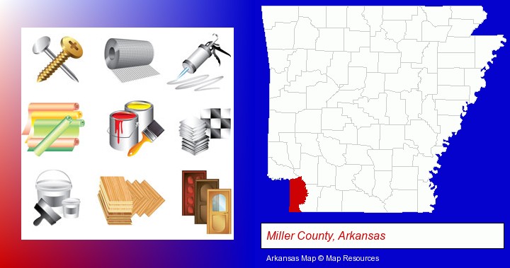 representative building materials; Miller County, Arkansas highlighted in red on a map