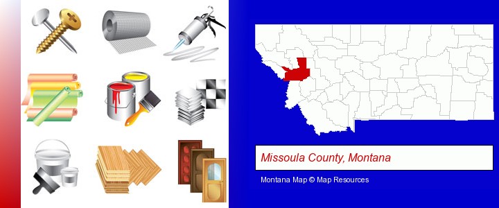 representative building materials; Missoula County, Montana highlighted in red on a map