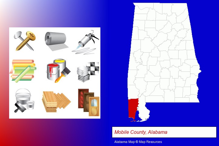 representative building materials; Mobile County, Alabama highlighted in red on a map