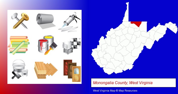 representative building materials; Monongalia County, West Virginia highlighted in red on a map