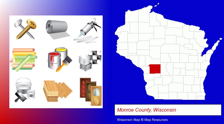 representative building materials; Monroe County, Wisconsin highlighted in red on a map