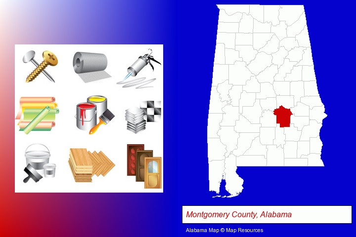 representative building materials; Montgomery County, Alabama highlighted in red on a map