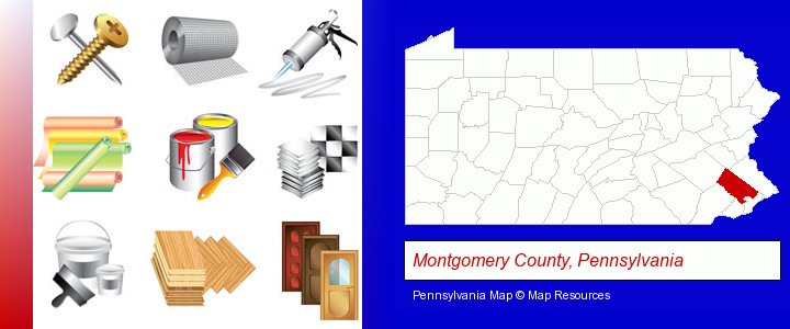 representative building materials; Montgomery County, Pennsylvania highlighted in red on a map