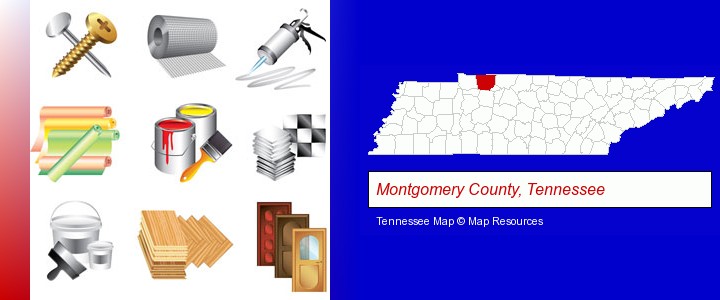 representative building materials; Montgomery County, Tennessee highlighted in red on a map