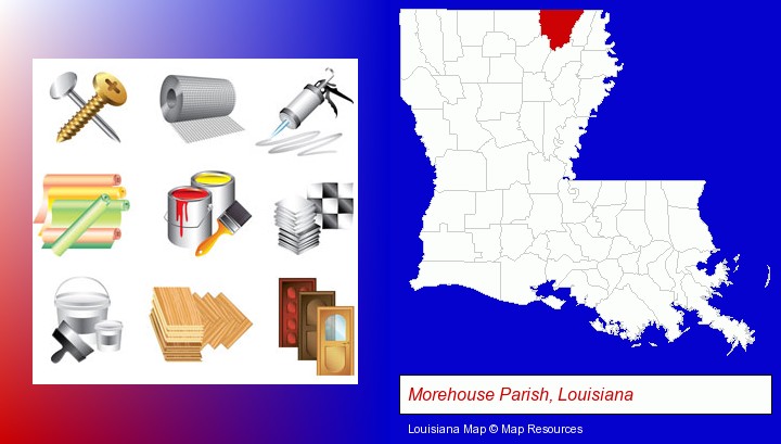 representative building materials; Morehouse Parish, Louisiana highlighted in red on a map
