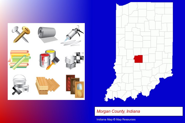 representative building materials; Morgan County, Indiana highlighted in red on a map