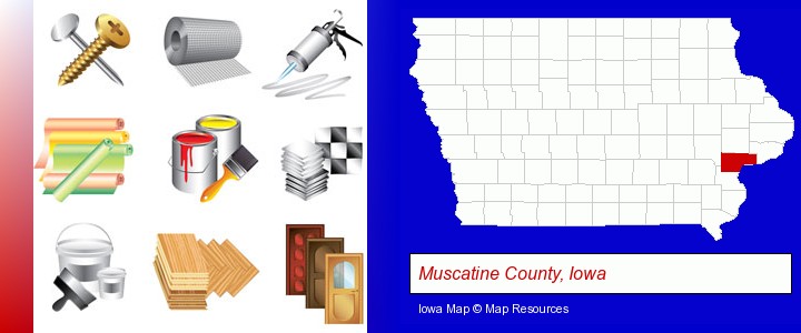 representative building materials; Muscatine County, Iowa highlighted in red on a map