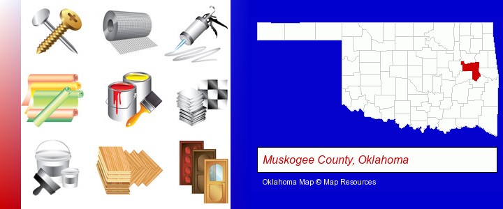 representative building materials; Muskogee County, Oklahoma highlighted in red on a map