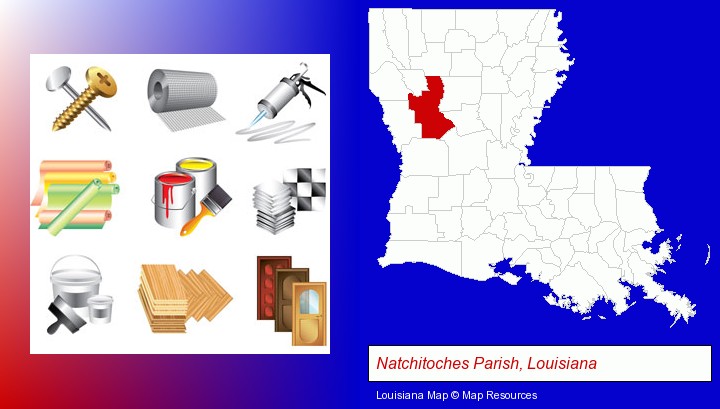 representative building materials; Natchitoches Parish, Louisiana highlighted in red on a map