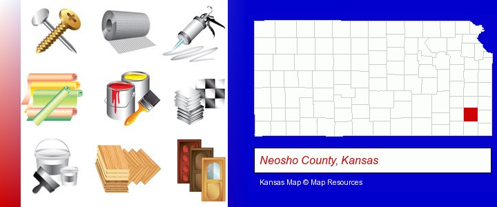 representative building materials; Neosho County, Kansas highlighted in red on a map