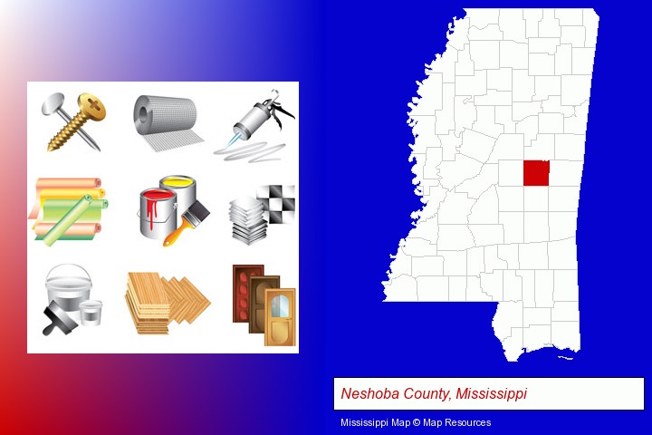 representative building materials; Neshoba County, Mississippi highlighted in red on a map