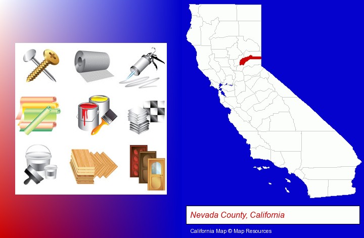 representative building materials; Nevada County, California highlighted in red on a map