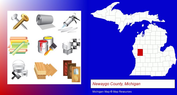 representative building materials; Newaygo County, Michigan highlighted in red on a map