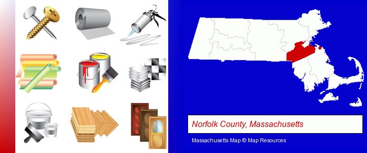 representative building materials; Norfolk County, Massachusetts highlighted in red on a map