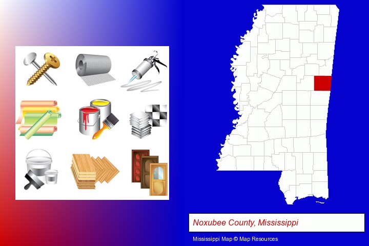 representative building materials; Noxubee County, Mississippi highlighted in red on a map