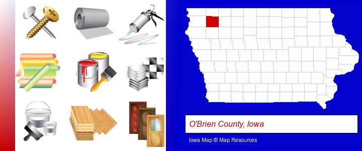 representative building materials; O'Brien County, Iowa highlighted in red on a map