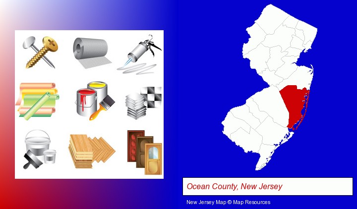 representative building materials; Ocean County, New Jersey highlighted in red on a map