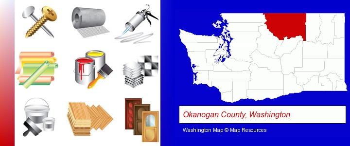 representative building materials; Okanogan County, Washington highlighted in red on a map