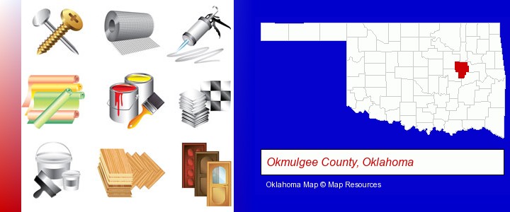 representative building materials; Okmulgee County, Oklahoma highlighted in red on a map