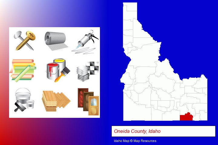 representative building materials; Oneida County, Idaho highlighted in red on a map
