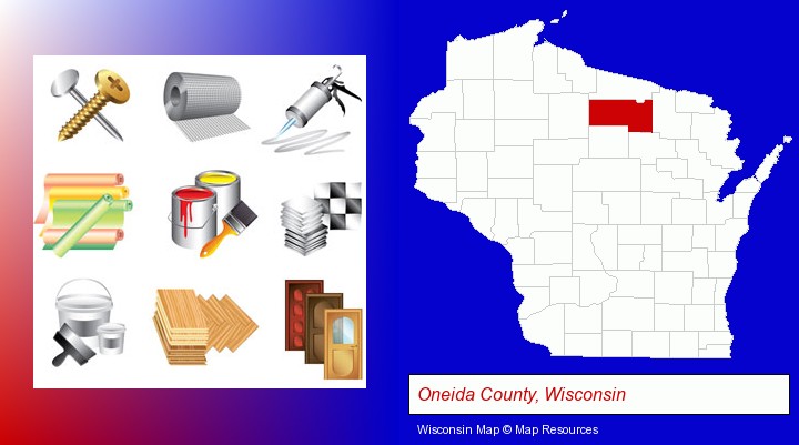 representative building materials; Oneida County, Wisconsin highlighted in red on a map