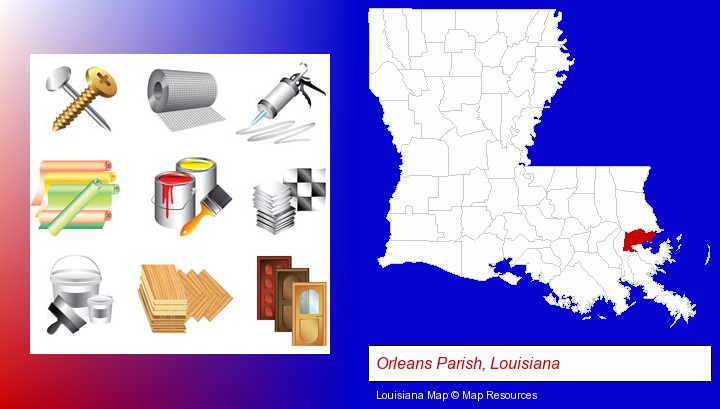 representative building materials; Orleans Parish, Louisiana highlighted in red on a map