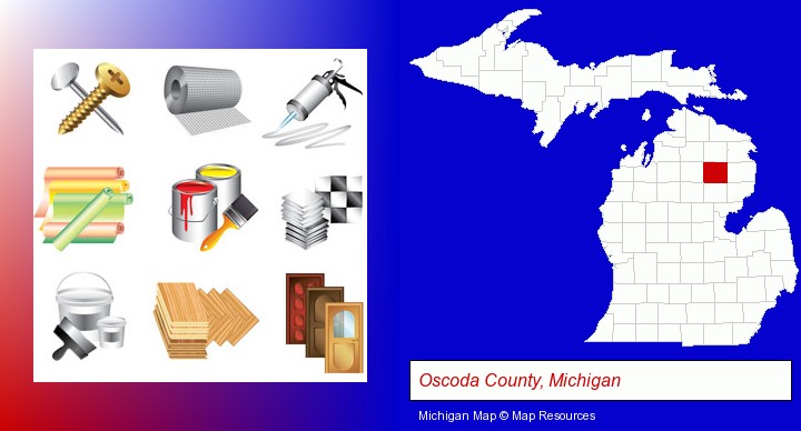 representative building materials; Oscoda County, Michigan highlighted in red on a map