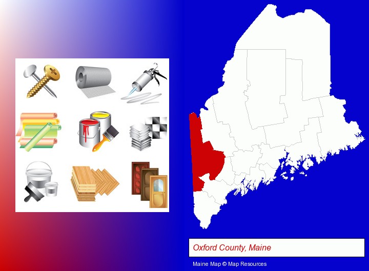 representative building materials; Oxford County, Maine highlighted in red on a map