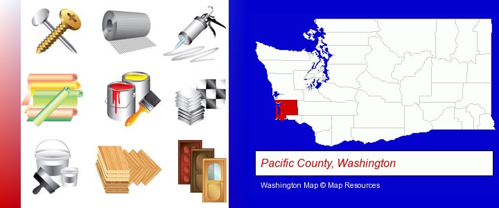 representative building materials; Pacific County, Washington highlighted in red on a map