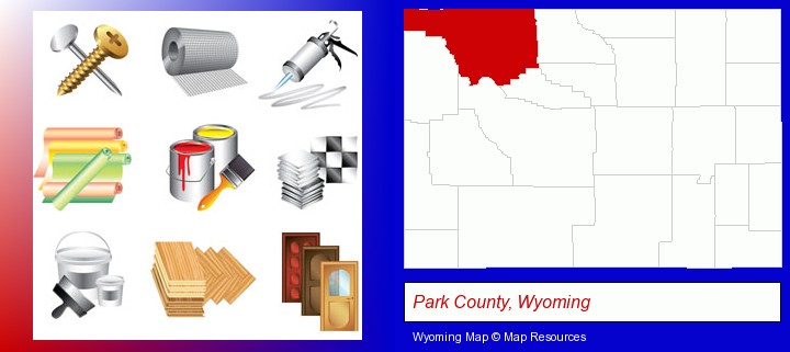 representative building materials; Park County, Wyoming highlighted in red on a map