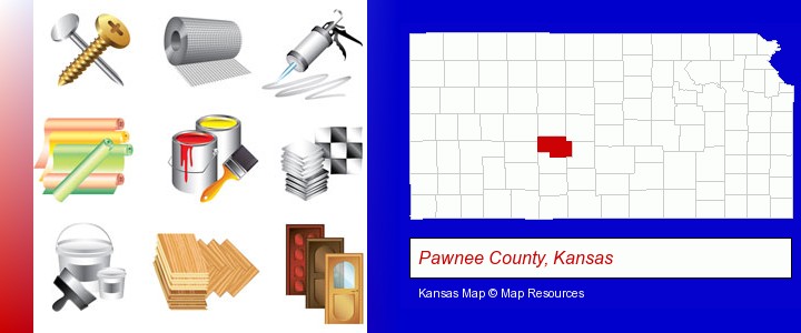 representative building materials; Pawnee County, Kansas highlighted in red on a map