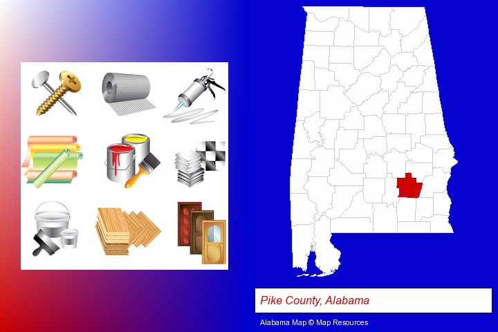 representative building materials; Pike County, Alabama highlighted in red on a map