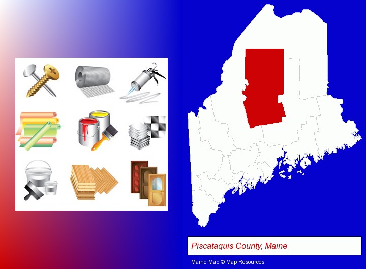representative building materials; Piscataquis County, Maine highlighted in red on a map