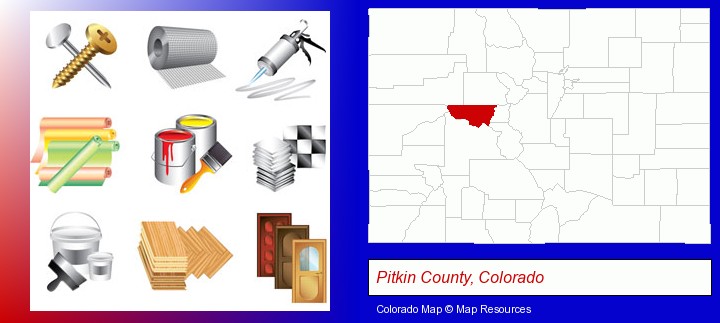 representative building materials; Pitkin County, Colorado highlighted in red on a map