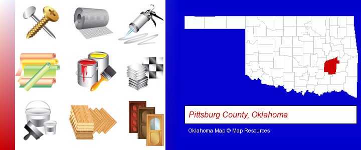 representative building materials; Pittsburg County, Oklahoma highlighted in red on a map