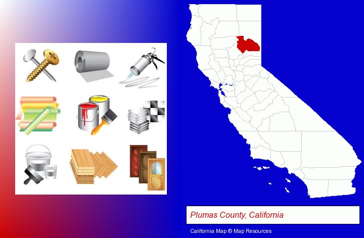 representative building materials; Plumas County, California highlighted in red on a map