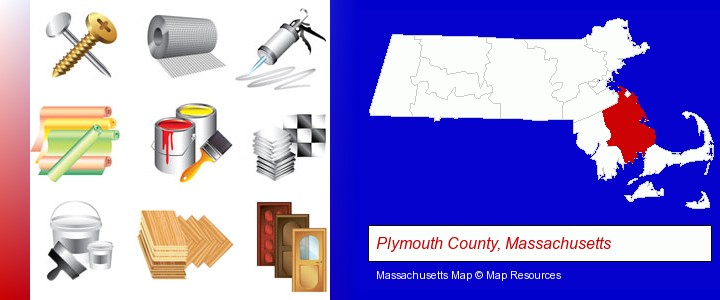 representative building materials; Plymouth County, Massachusetts highlighted in red on a map