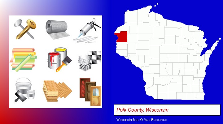 representative building materials; Polk County, Wisconsin highlighted in red on a map