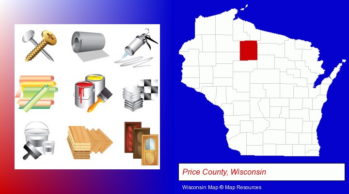 representative building materials; Price County, Wisconsin highlighted in red on a map