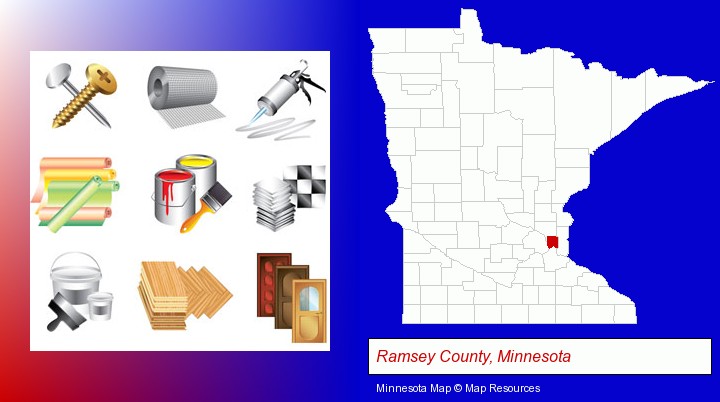 representative building materials; Ramsey County, Minnesota highlighted in red on a map