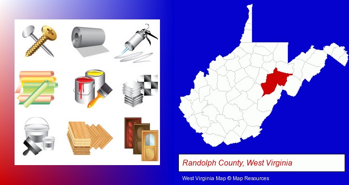 representative building materials; Randolph County, West Virginia highlighted in red on a map