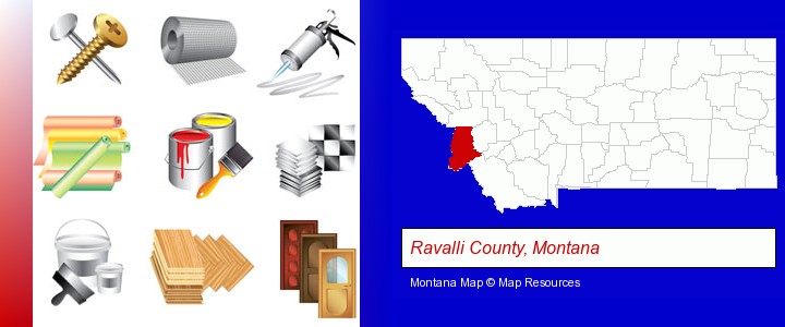 representative building materials; Ravalli County, Montana highlighted in red on a map