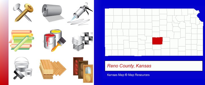 representative building materials; Reno County, Kansas highlighted in red on a map