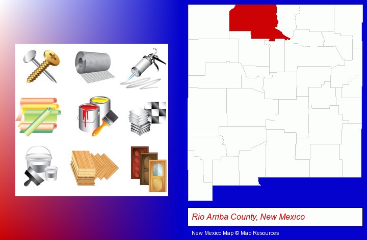 representative building materials; Rio Arriba County, New Mexico highlighted in red on a map