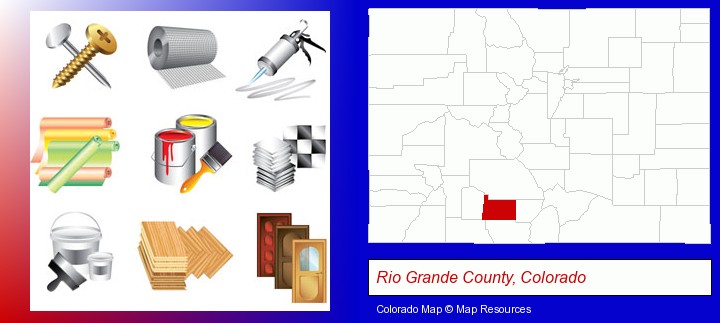 representative building materials; Rio Grande County, Colorado highlighted in red on a map